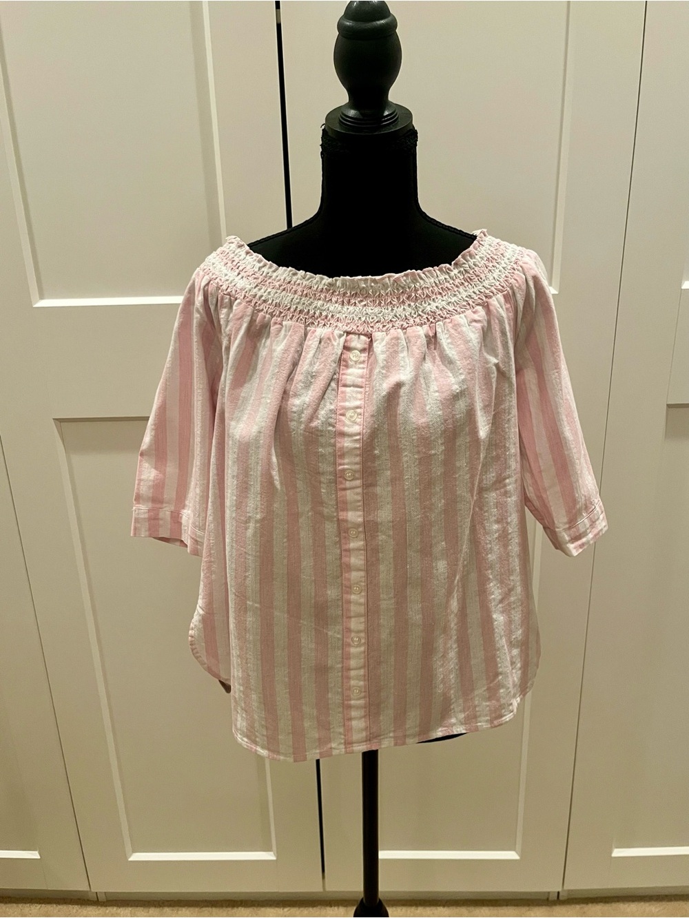 Velvet Heart Pink & White Stripe Cotton Peasant Blouse Casual Summer Cottagecore